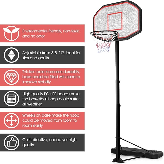 Giantex Portable Basketball Hoop 10 Ft, Adjustable Height 6.5-10 Ft, 43 Inch Backboard Basketball Goal, Suit for Court, Driveway, Garage, Indoor Outdoor Basketball Hoop for Kids, Youth, Junior