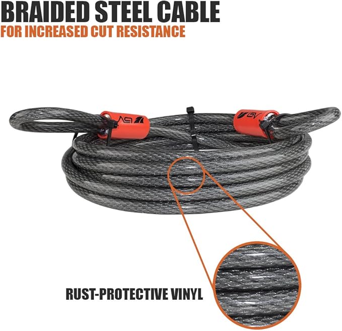 BV Heavy-Duty 30FT Security Cable with Loops-10mm (3/8 Inch) Cut-Resistant Braided Steel Cable-Versatile & Weatherproof-Security Chain for Padlock, Chain Lock, Wire Lock (Pair)