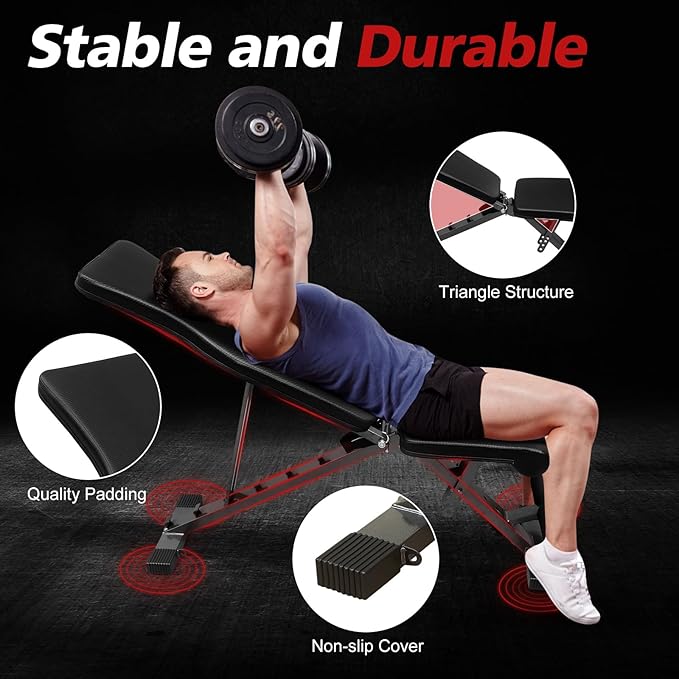 Weight Bench Press, Adjustable Workout Benches for Dumbbell Exercise, 600LBS Foldable Strength Training Benches for Full Body Workout, Multi-Purpose Incline Decline Workout Bench for Home Gym