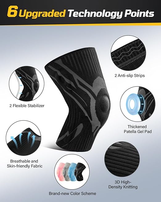 Knee Compression Sleeve, Knee Brace for Men & Women, Knee Support for Running, Basketball, Workout, Gym, Hiking, Sports, Black, Large