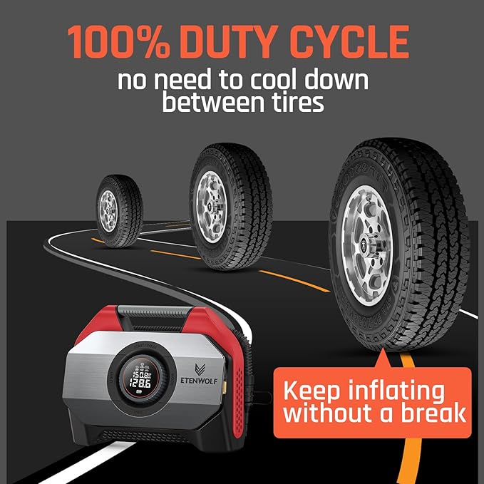 ETENWOLF VORTEX S6 Tire Inflator Portable Air Compressor for Heavy-duty Vehicle, Cordless Air Pump for Car & Inflatables with 19200 mAh Battery, 100% Duty Cycle & Dual Cylinder Bike Pump, Red