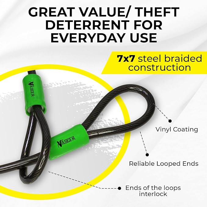 Heavy Duty Security Cable with Loops - 15 Feet (3/8") Bike Cable Lock Cut Resistant with Braided Steel and Vinyl Coating -Security Chain Lock for Bicycle, Boat, Ladder, Gate, Mower & Equipment