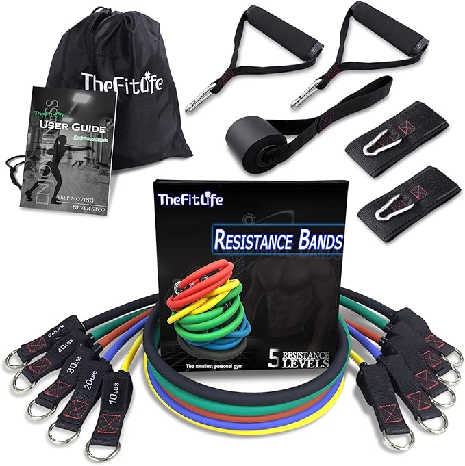 TheFitLife Resistance Bands with Handles - Designed for American Body Types, Exercise Workout Tubes for Men, Women, Includes Large Handles, Ankle Straps, Door Anchor, Fitness Levels