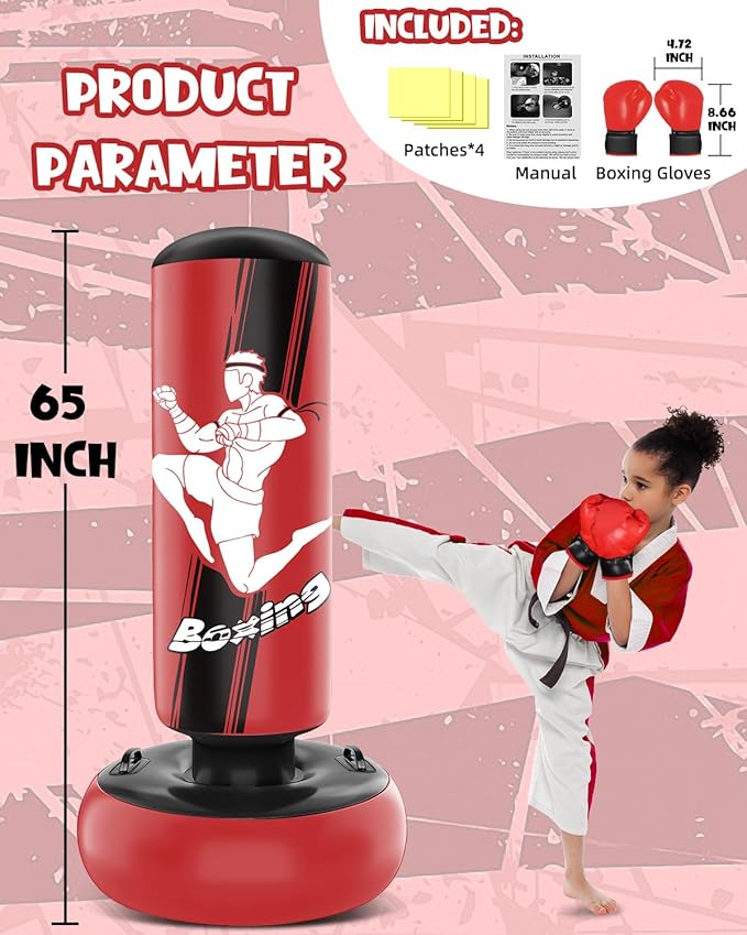 66 Inch Inflatable Kids Punching Bag with Boxing Gloves, Freestanding Boxing Bag, Stand Kids Punching Bag Toy, Bounce-Back Bag Gifts for Kids, Girls, Boxing Set for Practicing Karate, Taekwondo, MMA