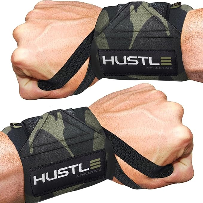 Hustle Athletics Wrist Wraps for Weightlifting, USPA-Approved Wrist Support Weight Lifting Wraps, Premium Hook-and-Loop, 12 in or 18 in Heavy-Duty Cotton-Elastic Support for Powerlifting & Bench Press