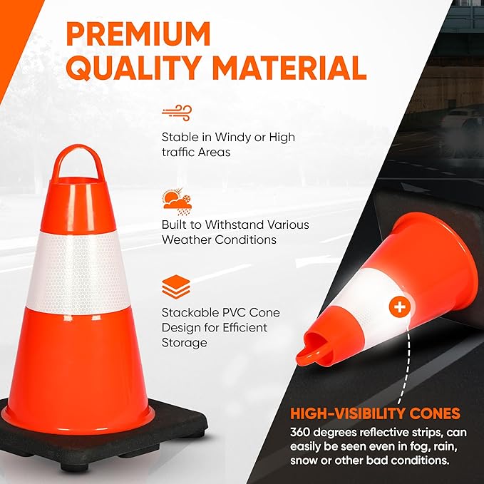 Pyle 12" PVC Traffic Cones, 12-PackSafety Cones for Parking, Construction & Roadwork, High-Visibility Orange, Durable, Stackable Design, Heavy-Duty Base for Stability in All Weather