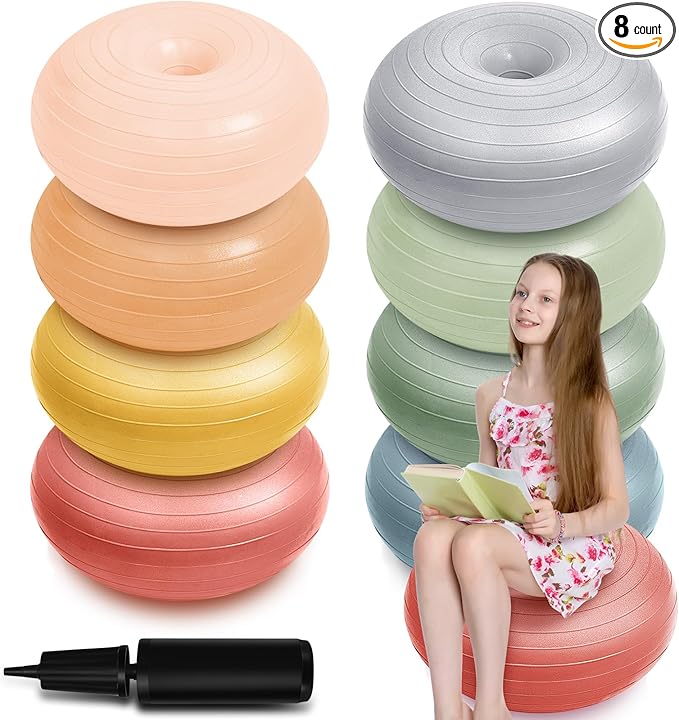 Lewtemi 8 Pcs Flexible Seating for Classroom Elementary 20'' Yoga Ball Chair Large Inflatable Donut Exercise Ball Chair Wobble Seat with Inflator for Kids Student Balance