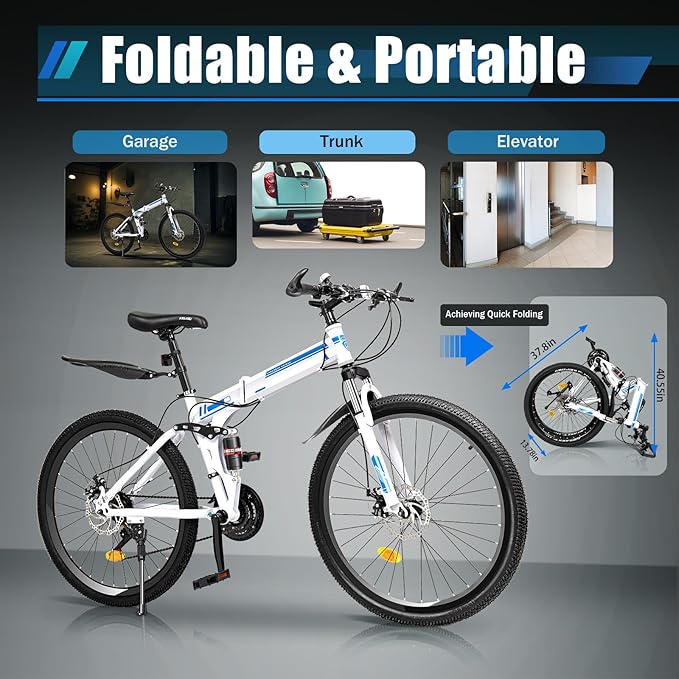 DHBREK Adult Folding Bikes 26'' Mountain Bikes 21 Speeds Mountain Bicycles Mountain Bike for Adults with Dual Disc Brake/High-Carbon Steel Folding Bicycle for Women Men Adults
