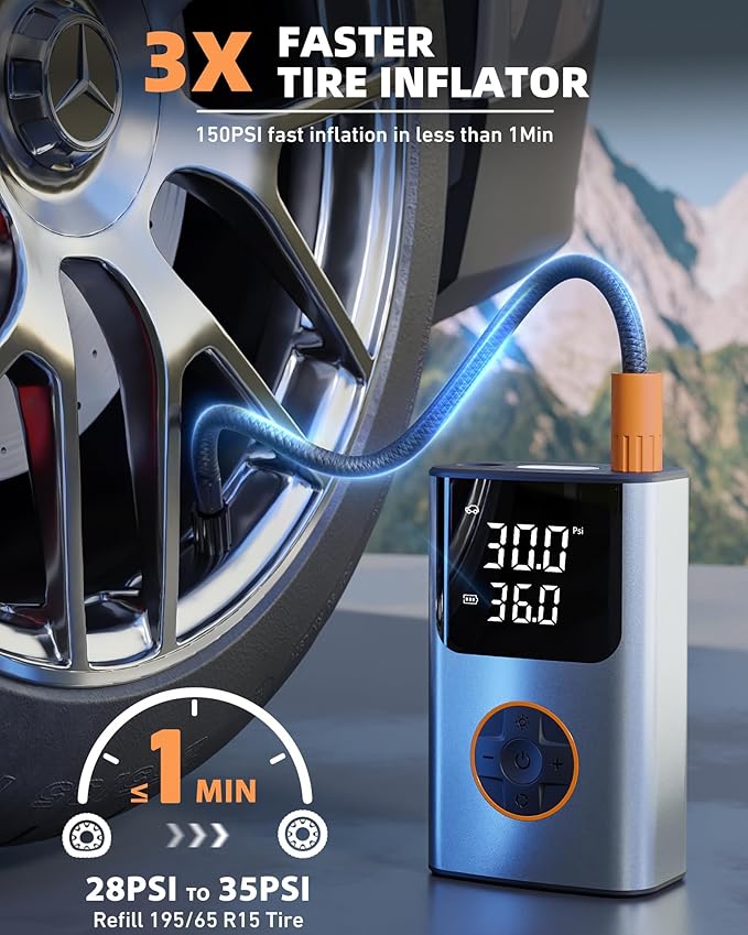 Tire Inflator Portable Air Compressor, Bike Pump, 150PSI Air Pump for Car Tires with LCD Dual Screen and Digital Tire Pressure Gauge, Air Compressor for Bicycle, Motorcycle, Compact Car, Ball