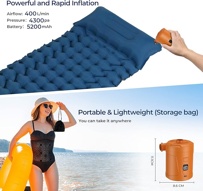 5200mAh Electric Air Pump for Inflatables, Air Mattress Pump Portable with LED Display Screen & 4 Nozzles, Inflator/Deflator Pumps for Pool, Paddle Boats, Camping, Swimming Ring