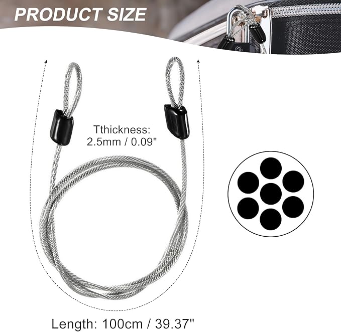 MECCANIXITY Security Steel Cable Lock, Safety Cable Flexible Wire Rope Luggage Lock 3.3feet 2.5mm Vinyl Coated Braided Steel with Double Loop for Bike Bicycle U-Lock Padlock Transparent