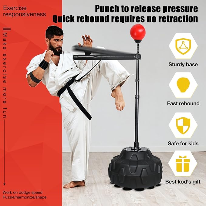 Solid Refle Bag Boxing Speed 45-80in Trainer Punching Bag Spinning Bar Training Boxing Ball with Reflex Bar Free Standing Adjustable Height for Adult Youth Red