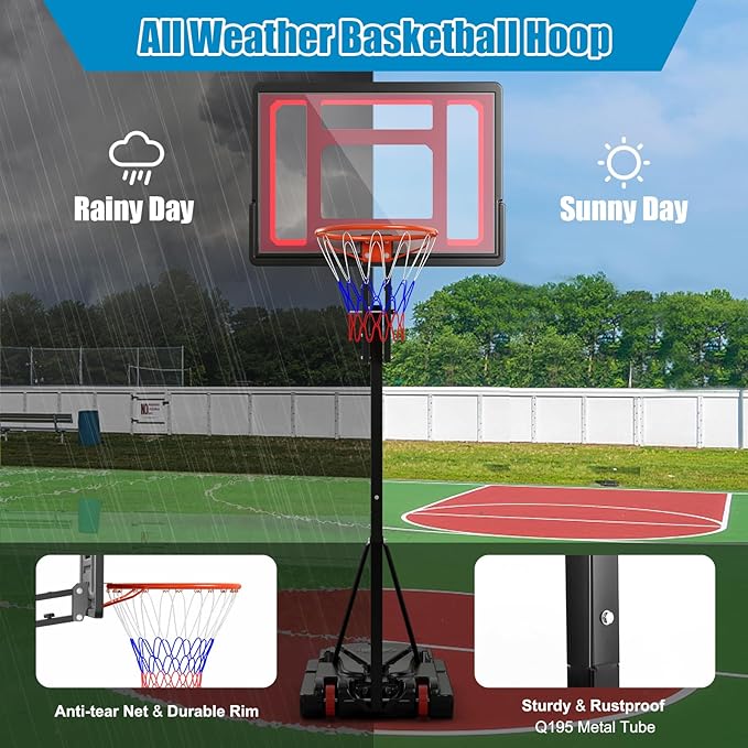 GYMAX Portable Basketball Hoop, 5 FT to 10 FT Adjustable Basketball Goal with 10 Heights, All Weather Basketball Stand System with Weight Bag & Wheels, for Youth Adult, Indoor Outdoor Pool, Court