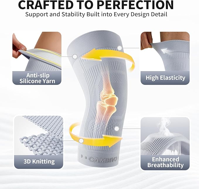 CAMBIVO Elite Motion Series Knee Brace for Women and Men (2 Pack), Ultra-Thin Lightweight Knee Compression Sleeve with Reflective Design for Pain Relief, Running, Workouts, Daily Use (Gray, Large)