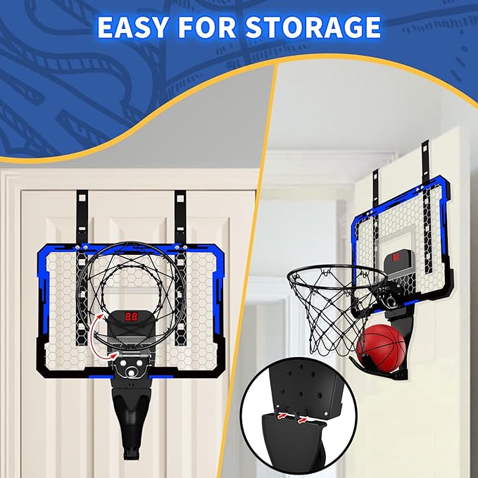 QDRAGON Indoor Basketball Hoop for Kids, Over The Door Mini Basketball Hoops with 7 LED Lighting, Basketball Toys Gifts for 5 6 7 8 9 10 11 12 Year Old Boys Girls Teens, Blue
