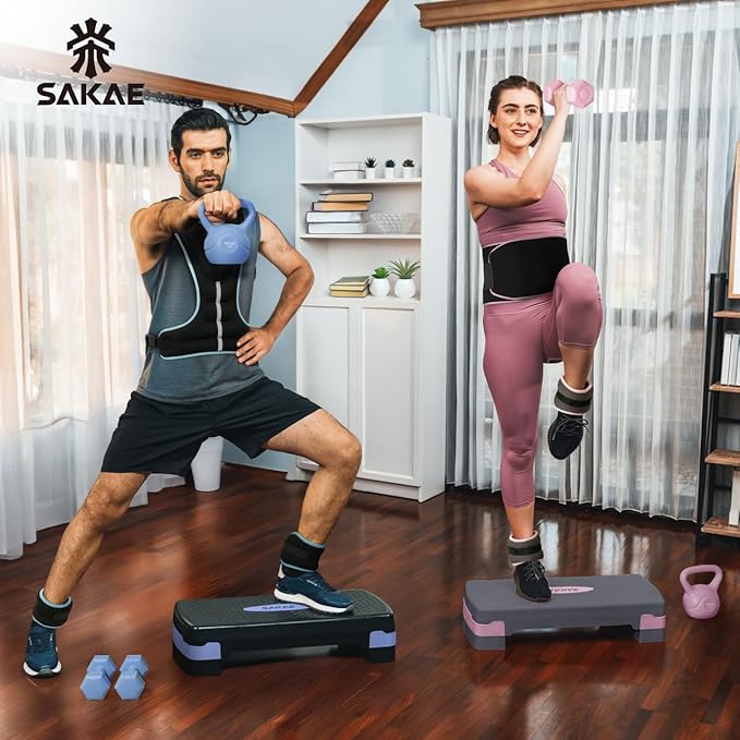 SAKAE Exercise Step Platform Set with Ankle Weights & Measuring Tape, Adjustable Height 2 Level Risers Workout Step Trainer, Aerobic Steppers for Home Gym Exercise Fitness Workout, Multiple Colors