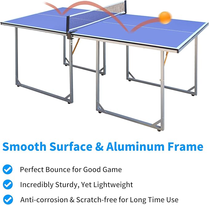 4FT/6FT/8FT/9FT Folding Rolling Table Tennis Table Regulation Ping Pong Table with 2 Paddles 3 Balls 1 Net and Post Set Fold-Up Design 4 Wheels for Easy Movement