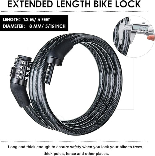10 Pcs Bike Lock Cable with Combination, 4 Feet Coiled Preset Bike Lock High Security 4 Digit Bicycle Lock Anti Theft Bike Accessories Black Bike Cable Locks, 5/6 Inch Diameter