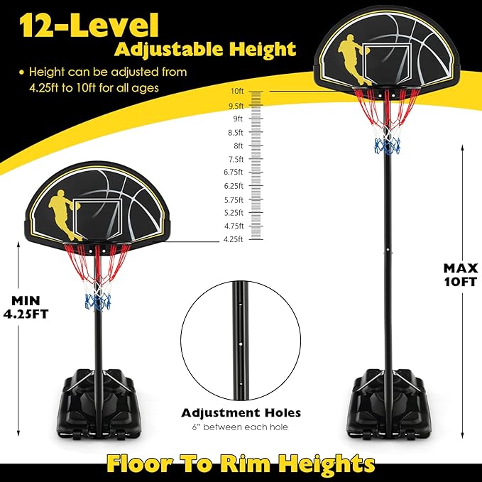 Goplus Portable Basketball Hoop Outdoor Indoor, 4.25-10FT 12-Level Adjustable Basketball Goal w/ 44’’ Shatterproof Backboard, Fillable Base, Basketball Stand System for Youth Adults