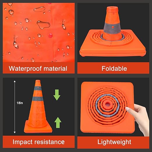 [5 Pack]18 Inch Collapsible Traffic Safety Cones - Parking Cones with Reflective Collars, Orange Safety Cones for Parking lot, Driveway, Driving Training etc