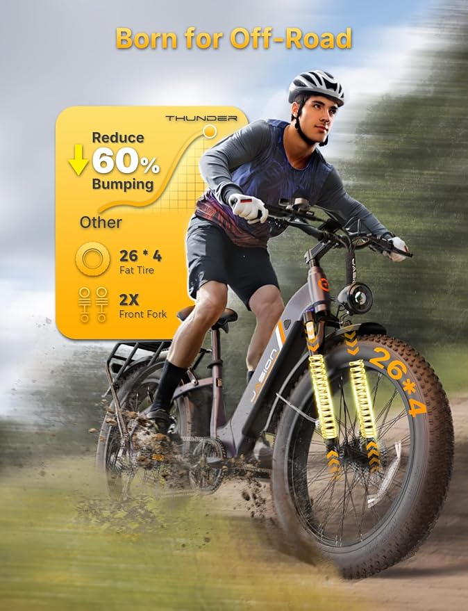 Jasion Thunder Electric Bike, 30+MPH 1500W Peak Motor E Bikes, 80Miles Range with 864Wh Battery, Hydraulic Disc Brakes, Front Suspension, 26'' x 4'' Fat Tire Adults Electric Bicycles, APP Control