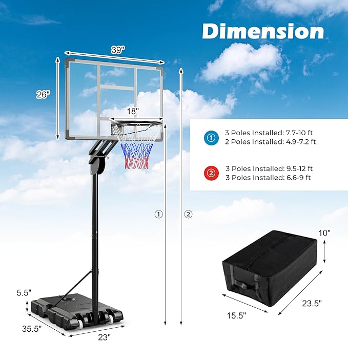 GYMAX Basketball Hoop Outdoor, 4.9-10 FT Quick Adjustable Basketball Hoop with Shatterproof Backboard, Fillable Base & Weight Bag, Basketball Goal for Kids Teens Adults