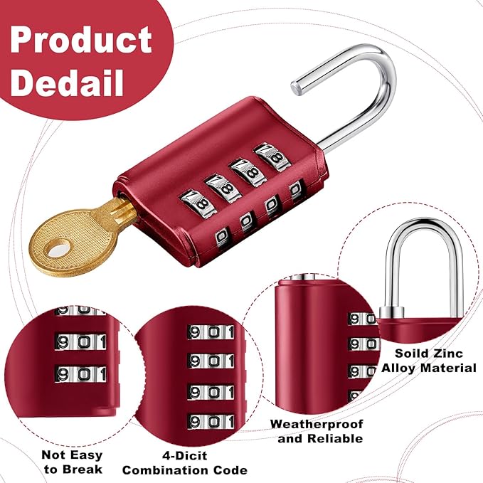 Kenning 10 Pcs Combination Padlock 4 Digit Combination Lock with Keys Locker Resetable Security Outdoor Waterproof Gate Lock for School Sports Gym Locker Employee Fence Case (Red)