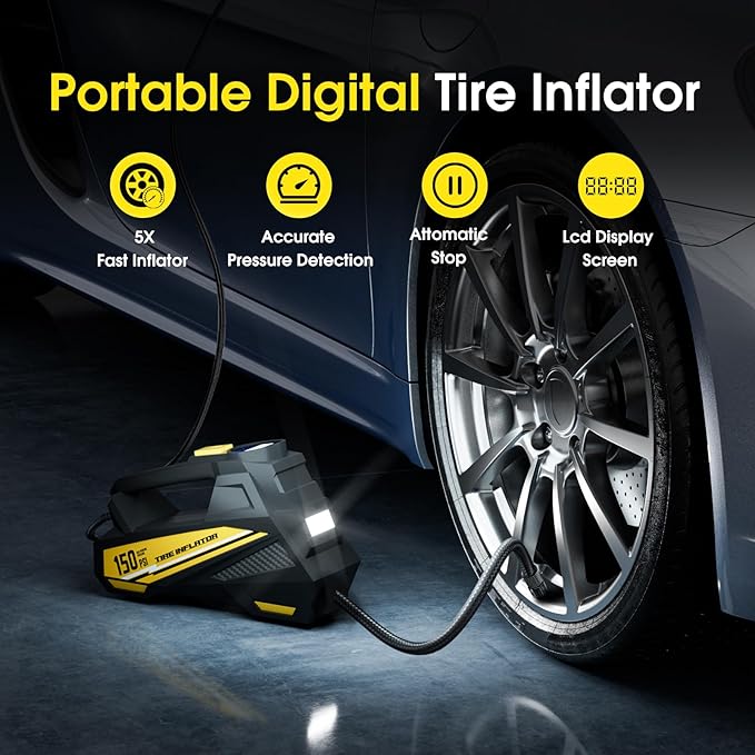 Tire Inflator Portable Air Compressor - DC 12V Air Pump for Car Tires with 150PSI LCD Digital Gauge & Emergency LED Light,Auto Tire Pump for Cars,Motorcycles,Bikes,Balls (Large)