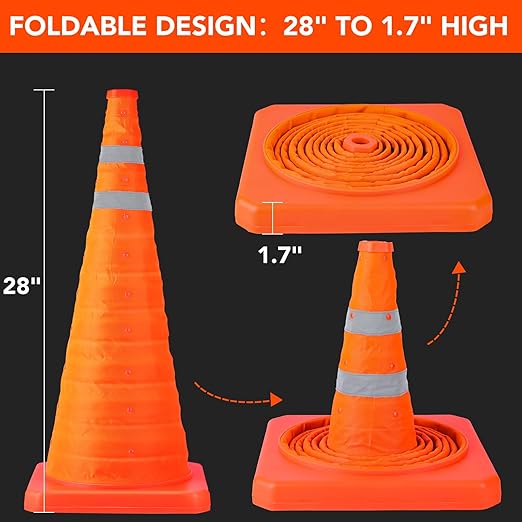 [12 Pack]28 Inch Collapsible Traffic Safety Cones - Parking Cones with Reflective Collars, Orange Safety Cones for Parking lot, Driveway, Driving Training etc