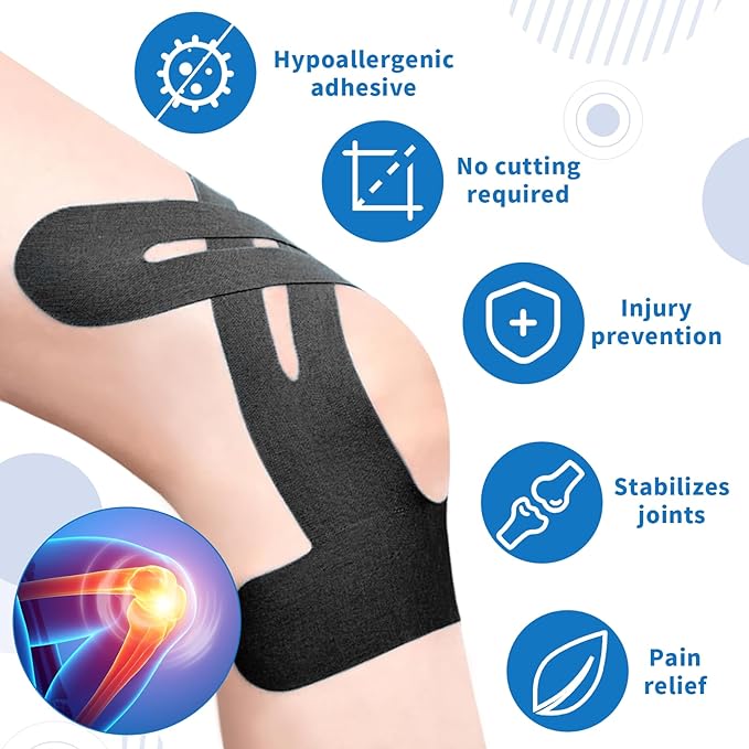 10PCS Kinesiology Tape for Knees, Kinesiology Tape Precut Strips for Knee Support & Stability, Waterproof Breathable Elastic Sports Tape for Pain Relief, Athletic Tape for Muscle & Joint, Blcak