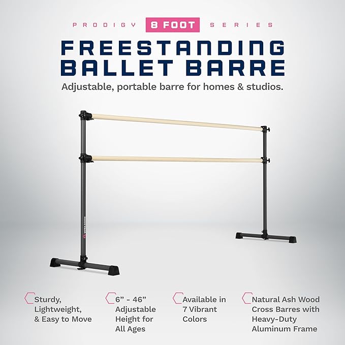VITA Barre Portable Freestanding Double Ballet Barre, Prodigy, Wood | Adjustable Height, USA Made, Home or Gym Exercise Equipment for Kids & Adults | Dance, Fitness, Pilates
