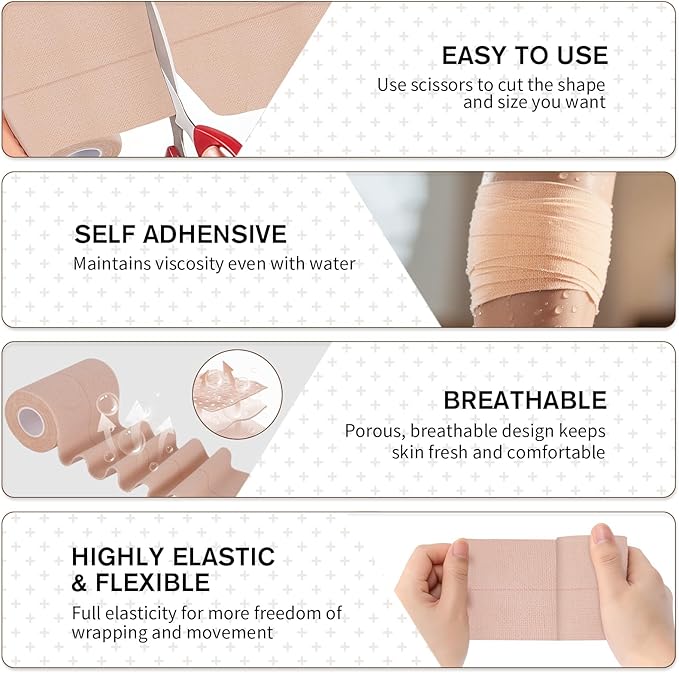4 Rolls Elastic Tape, Breathable Self Adhesive Bandage Wrap, Flexible Stretch Bandages for Sports Wrists Sprains Knees Ankles, Vet Wrap for Animals Pets, 5 Yards (2 Inch in Width)