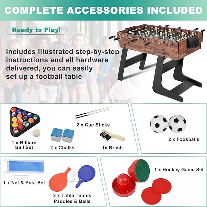 4-in-1 Multi Game Table, 54“ Foldable Combo Game Table Set with Ping Pong, Hockey, Pool Billiards and Foosball for Adults, Home, Game Room, Friends & Family（Dark Wood Grain）
