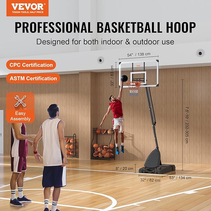 VEVOR Basketball Hoop/Rim, Adjustable Height Portable Backboard Court, Basketball Goal, Mobile Stand with Wheels Weighted Base, Youth&Adults, Outdoor/Indoor