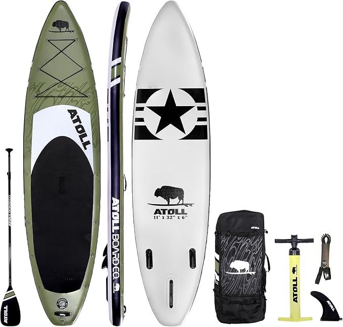 Atoll Inflatable Stand Up Paddle Board ISUP, Bravo Hand Pump and 3 Piece Paddle, Travel Backpack and Accessories New Leash Included Two Sizes - 11ft and 9ft