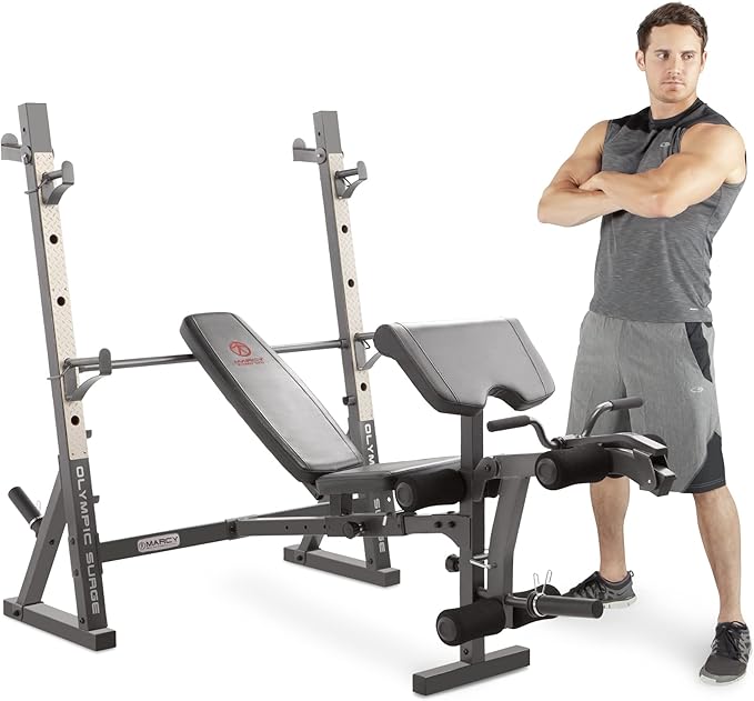 Marcy Olympic Workout Bench for Home Gym Strength Training Equipment with Preacher Curl Pad and Weight Rack Storage, White/Black