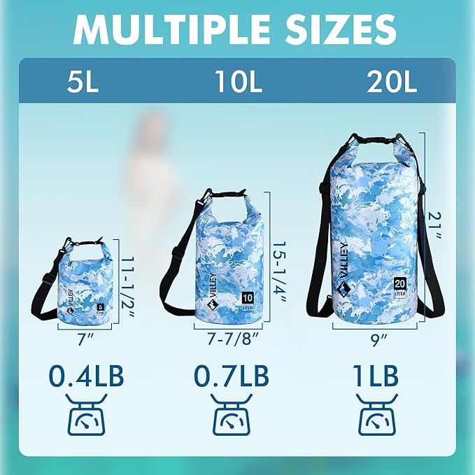 VILLEY Dry Bag Waterproof 10L Roll Top Sack Keeps Gear Dry Lightweight Sack for Kayaking Boating Camping Swimming and Beach Adventures Blue Camo