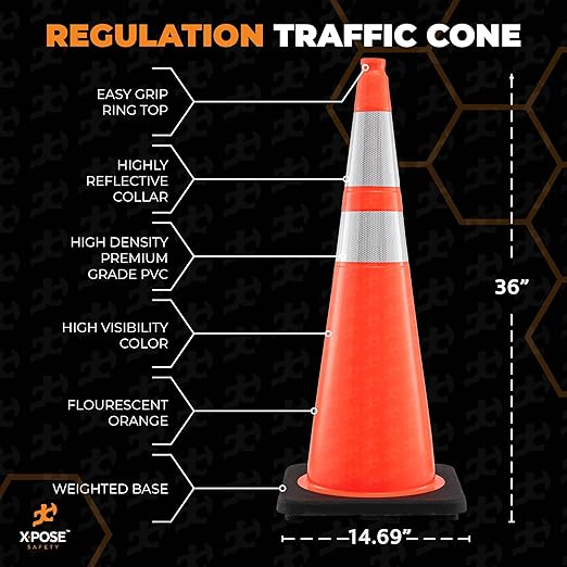 Xpose Safety 36 Inch Orange Traffic Cones with 6" & 4" Collars, 4-Pack - Multipurpose PVC Plastic Safety Cone for Parking, Soccer, Caution, Kids and Construction - DOT Approved