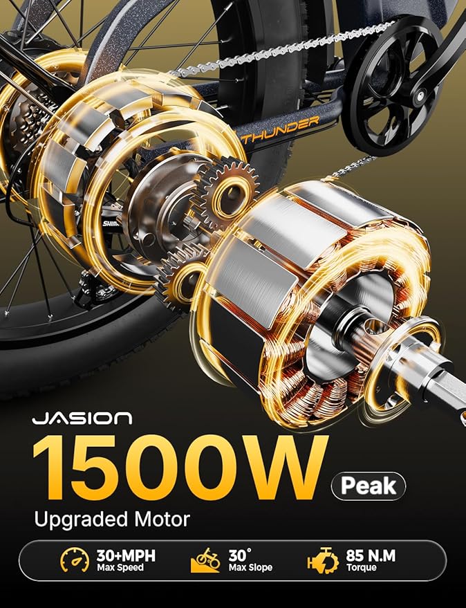 Jasion Thunder Electric Bike, 1500W Peak Motor, 30+MPH Max Speed & 80 Miles with 486Wh Removable Battery, APP Control Ebike for Adults, Hydraulic Brakes, Front Suspension, 26'' x 4'' Fat Tire Bicycles