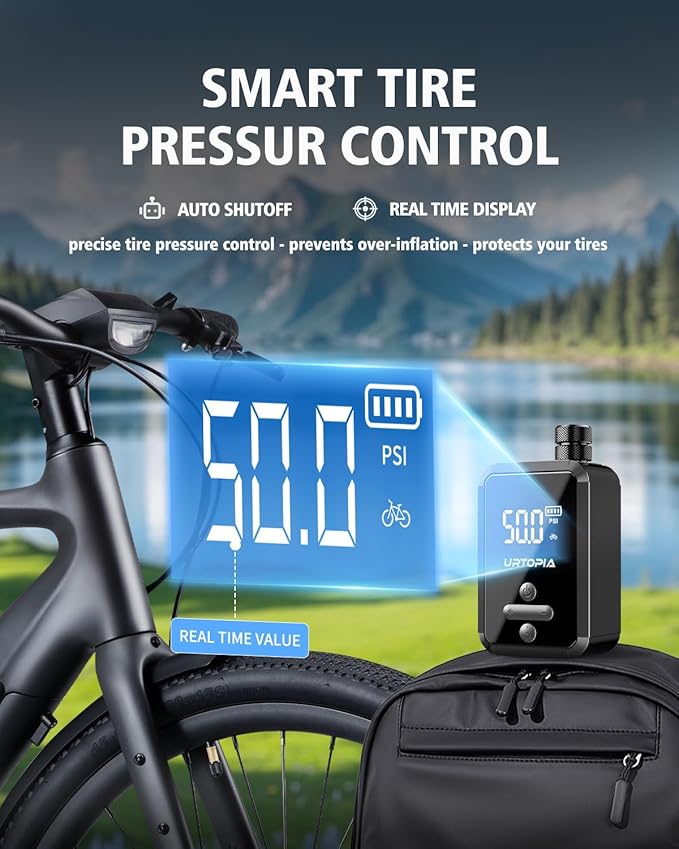 URTOPIA Electric Bike Pump, Fast Inflation Air Pump with Gauge, Up to 150PSI, Efficient Heat Dissipation, Rechargeable, with Bright LED Light, Portable Bicycle Pump for Road Bike, Motorcycle, Ball