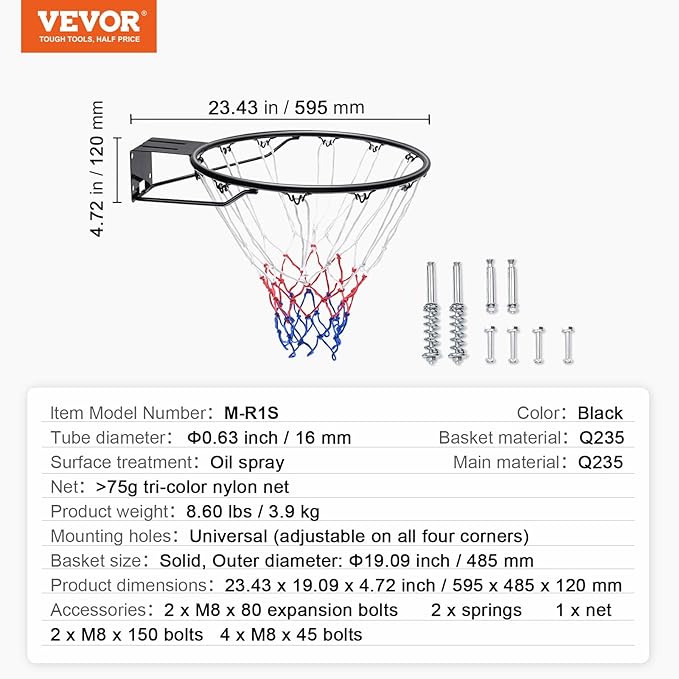 VEVOR Basketball Hoop/Rim, Adjustable Height Portable Backboard Court, Basketball Goal, Mobile Stand with Wheels Weighted Base, Youth&Adults, Outdoor/Indoor