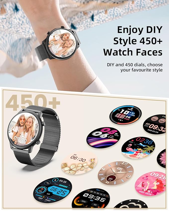 Hwagol Smart Watches for Women Android Phones iPhone Compatible(Bluetooth Call),1.39'' Round Sports Watch Fitness Tracker Heart Rate/SpO2/Sleep Monitor,Pedometer (Black Steel)