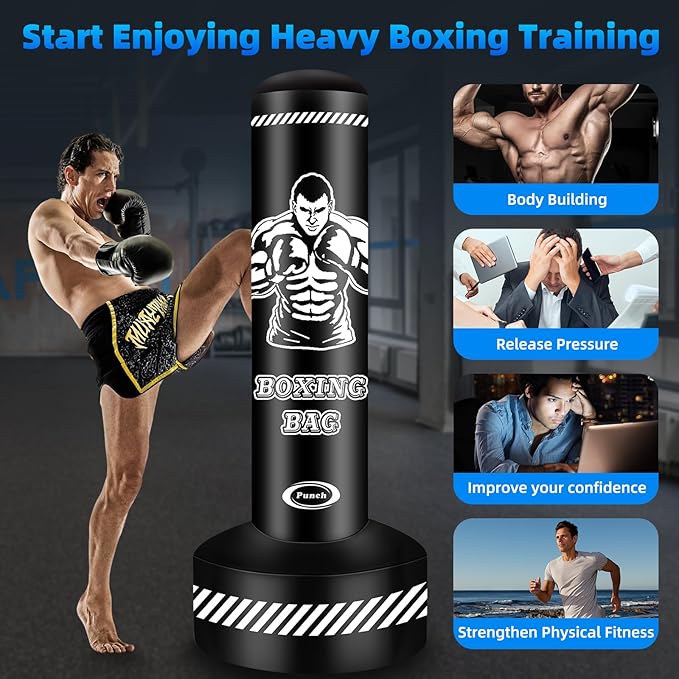 Standing Punching Bag for Adults Teens, 70" Heavy Punching Bag with Stand, Heavy Bag Inflatable Kick Boxing Bag Training Equipment Bags for Training MMA Muay Thai Fitness