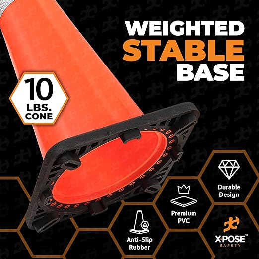 Xpose Safety 36 Inch Orange Traffic Cones with 6" & 4" Collars, 4-Pack - Multipurpose PVC Plastic Safety Cone for Parking, Soccer, Caution, Kids and Construction - DOT Approved