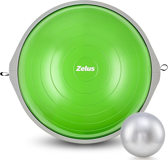 ZELUS 25in. Balance Ball | 660lb Inflatable Half Exercise Ball Wobble Board Balance Trainer w Nonslip Base | Half Yoga Ball Strength Training Equipment w 2 Bands, Pump, Extra Ball Included