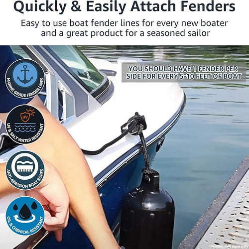 2 Pack 5/8" x 10' Boat Fender Lines - Marine Grade Nylon Boat Rope with 12" Loop for Docking and Tying Fenders - Double Braided Dock Lines, High Strength, Easy Handling, Fray Resistant - Black