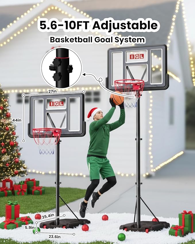 IGL Portable Basketball Hoop, 10ft Height Adjustable Basketball Goals Outdoor, 44 Inch Shatterproof Backboard Basketball Goal System for Backyard, Driveway, Court