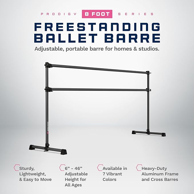 VITA Barre Portable Freestanding Double Ballet Barre, Prodigy, Aluminum | Adjustable Height, USA Made, Home or Gym Exercise Equipment for Kids & Adults | Dance, Fitness, Pilates
