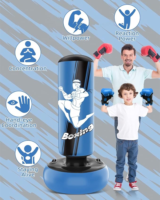 66 Inch Inflatable Kids Punching Bag with Boxing Gloves, Freestanding Boxing Bag, Stand Kids Punching Bag Toy, Bounce-Back Bag Gifts for Kids, Girls, Boxing Set for Practicing Karate, Taekwondo, MMA