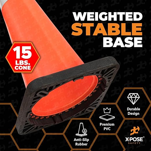 Xpose Safety 36 Inch Orange Traffic Cones Heavy Duty 15lb with 6" & 4" Collars, 4 Pack - Multipurpose PVC Plastic Safety Cone for Parking, Soccer, Caution, Kids and Construction - DOT Approved
